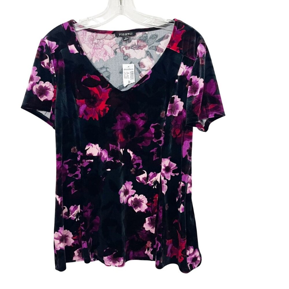 NEW Roz & Ali Purple & Black Velvet Floral Short Sleeve V-Neck Top Size Medium